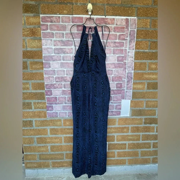 Diane von Furstenberg Blue Black Wood Grain Print Silk Jumpsuit Sz 4 - Picture 5 of 17